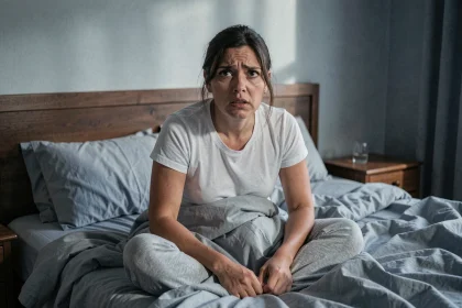 Femme se réveillant en sursaut d'un mauvais rêve angoissant dans sa chambre à coucher