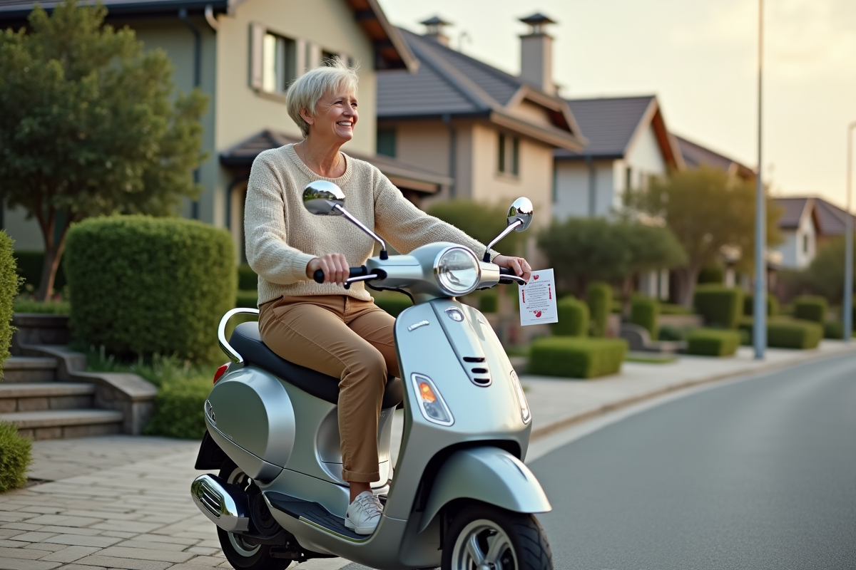 Femme assise sur un scooter 50cc dans un quartier résidentiel