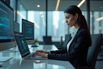 Femme en tenue professionnelle travaillant sur un tableau de bord de cybersécurité