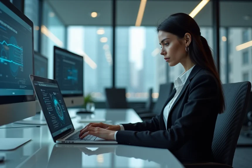 Femme en tenue professionnelle travaillant sur un tableau de bord de cybersécurité