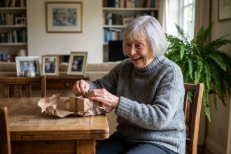 Femme senior souriante en déballant un cadeau fait main