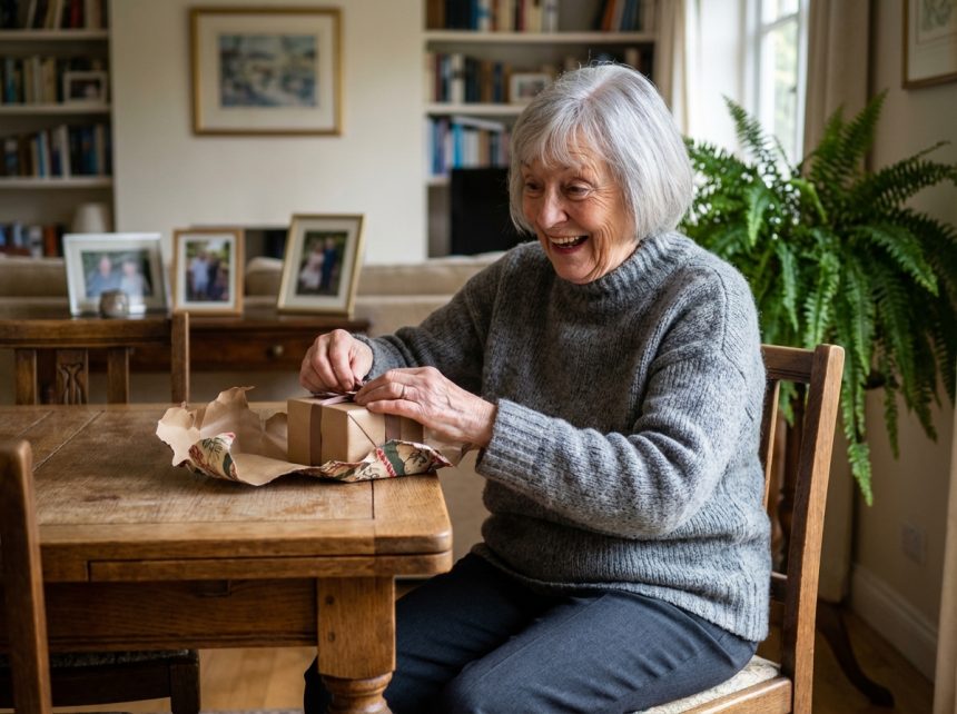 Femme senior souriante en déballant un cadeau fait main