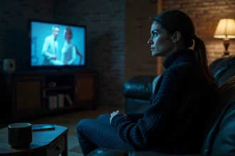 Femme absorbée devant une série Netflix dans un salon intimiste et atmosphérique