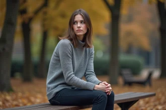 Femme seule assise sur un banc de parc en automne, regard perdu dans le vague, illustrant le rejet silencieux d'un narcissique