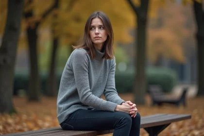 Femme seule assise sur un banc de parc en automne, regard perdu dans le vague, illustrant le rejet silencieux d'un narcissique