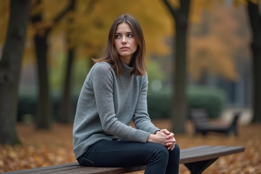 Femme seule assise sur un banc de parc en automne, regard perdu dans le vague, illustrant le rejet silencieux d'un narcissique