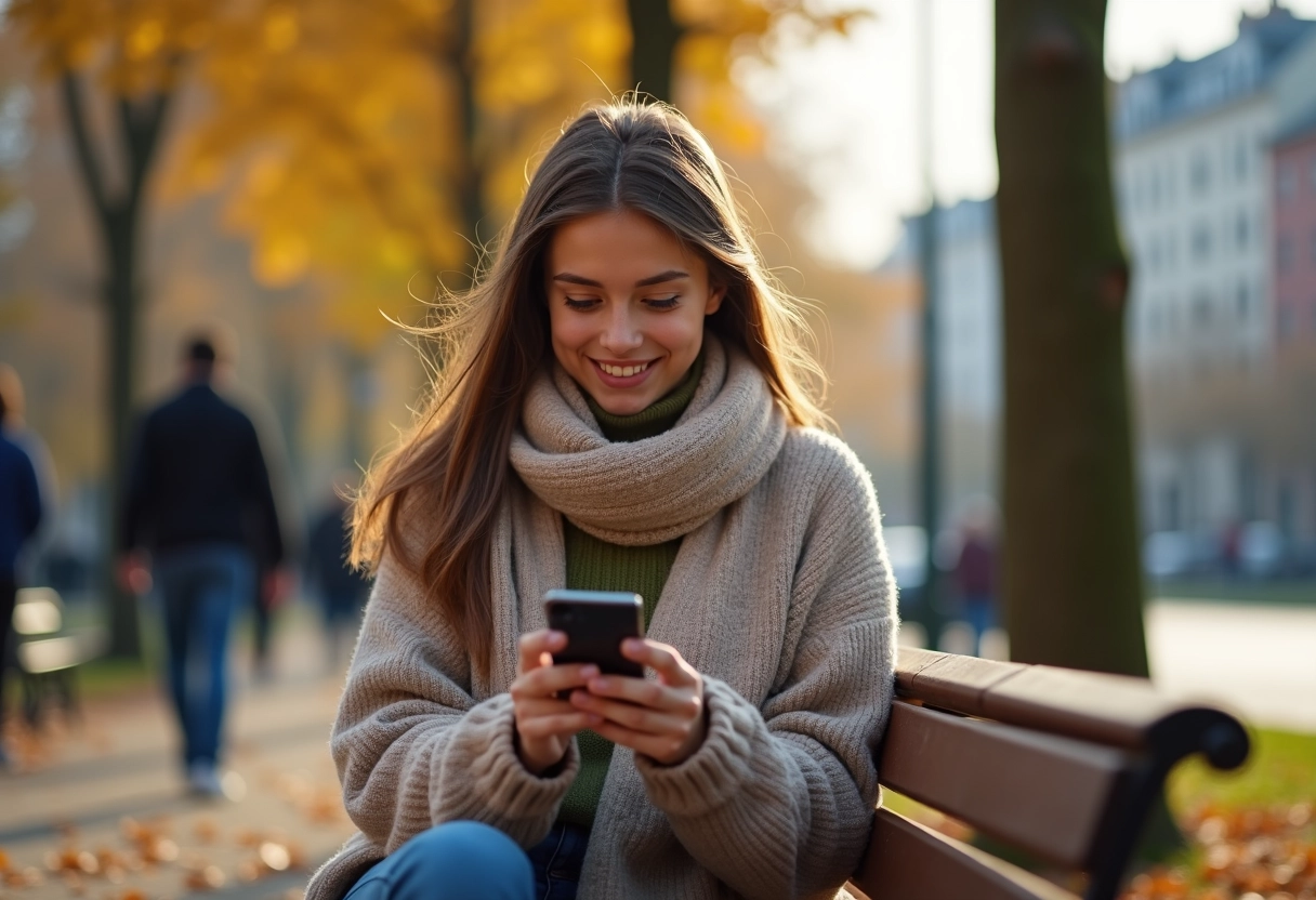 Jeune femme vérifiant Solo Leveling sur son smartphone dans un parc