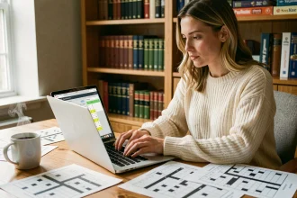 Femme utilisant un solver de mots en ligne sur son ordinateur portable avec des grilles de mots croisés sur le bureau