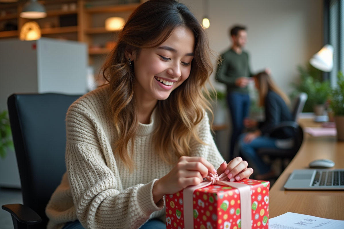 Jeune femme souriante déballant un cadeau de Noël au bureau