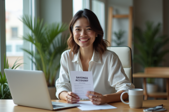 Femme souriante tenant un contrat d'épargne dans un intérieur moderne