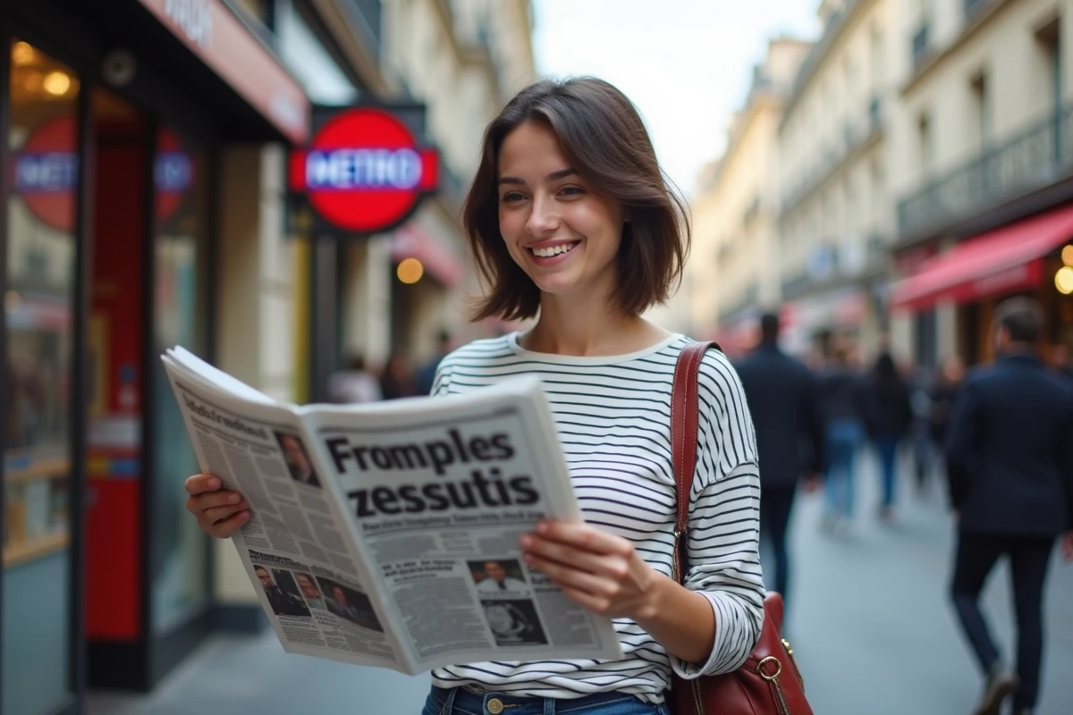 Jeune femme lisant un journal satirique dans la rue à Paris