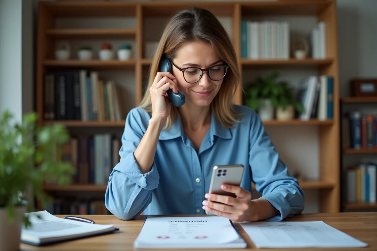 Femme au bureau utilisant son smartphone pour appeler