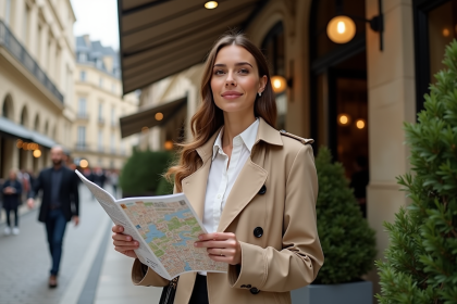 Femme en trench beige devant un hôtel à Bordeaux