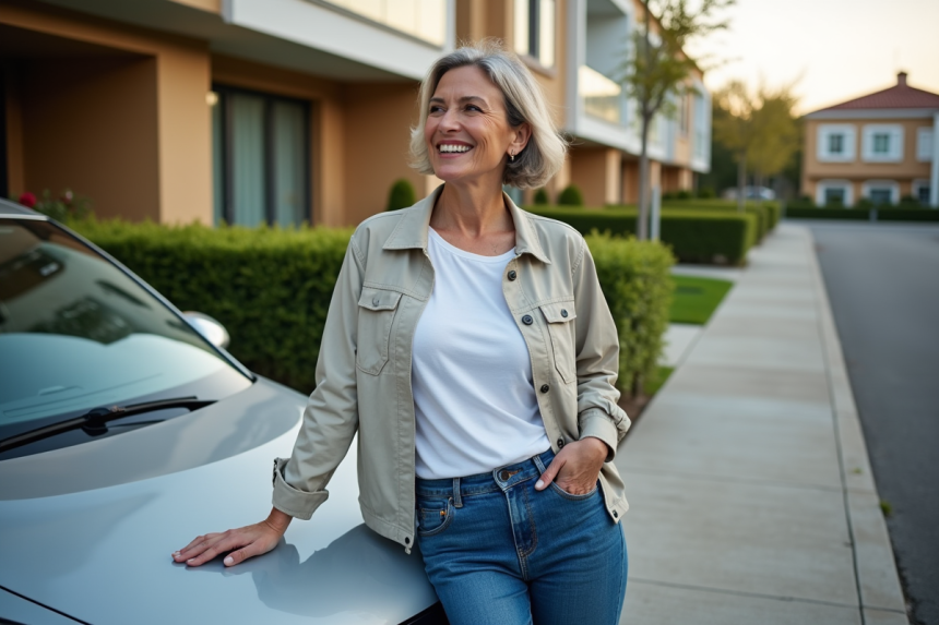 Femme souriante près d'une voiture électrique dans un quartier moderne