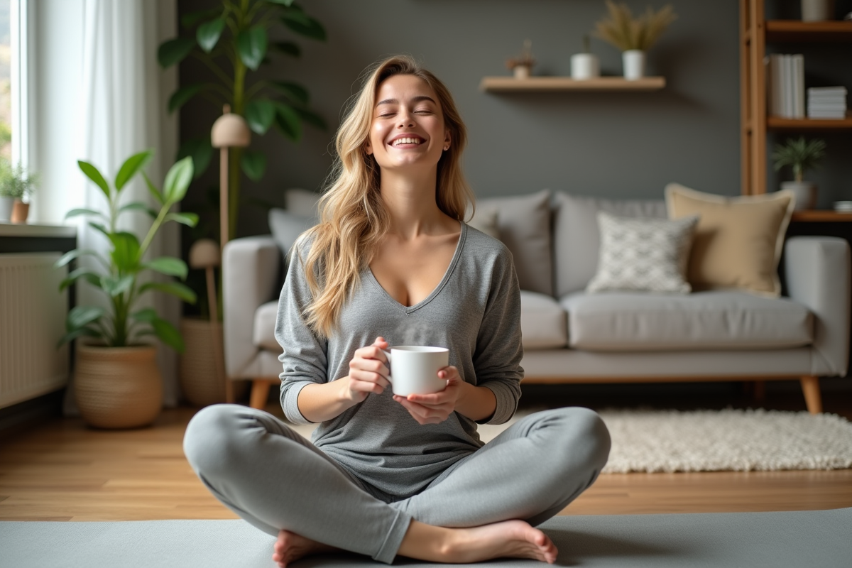Femme détendue pratiquant le yoga dans un salon lumineux
