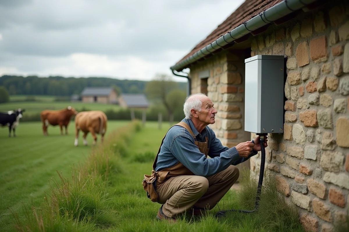 Ferme normande avec fermier vérifiant l