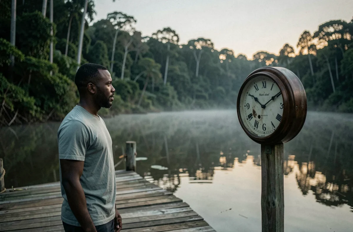 Homme en Guyane française regardant une horloge sur les bords du fleuve Maroni au coucher du soleil, illustrant le fuseau horaire local