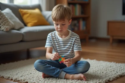 Gar&ccedil;on pensif avec puzzle color&eacute; dans la main