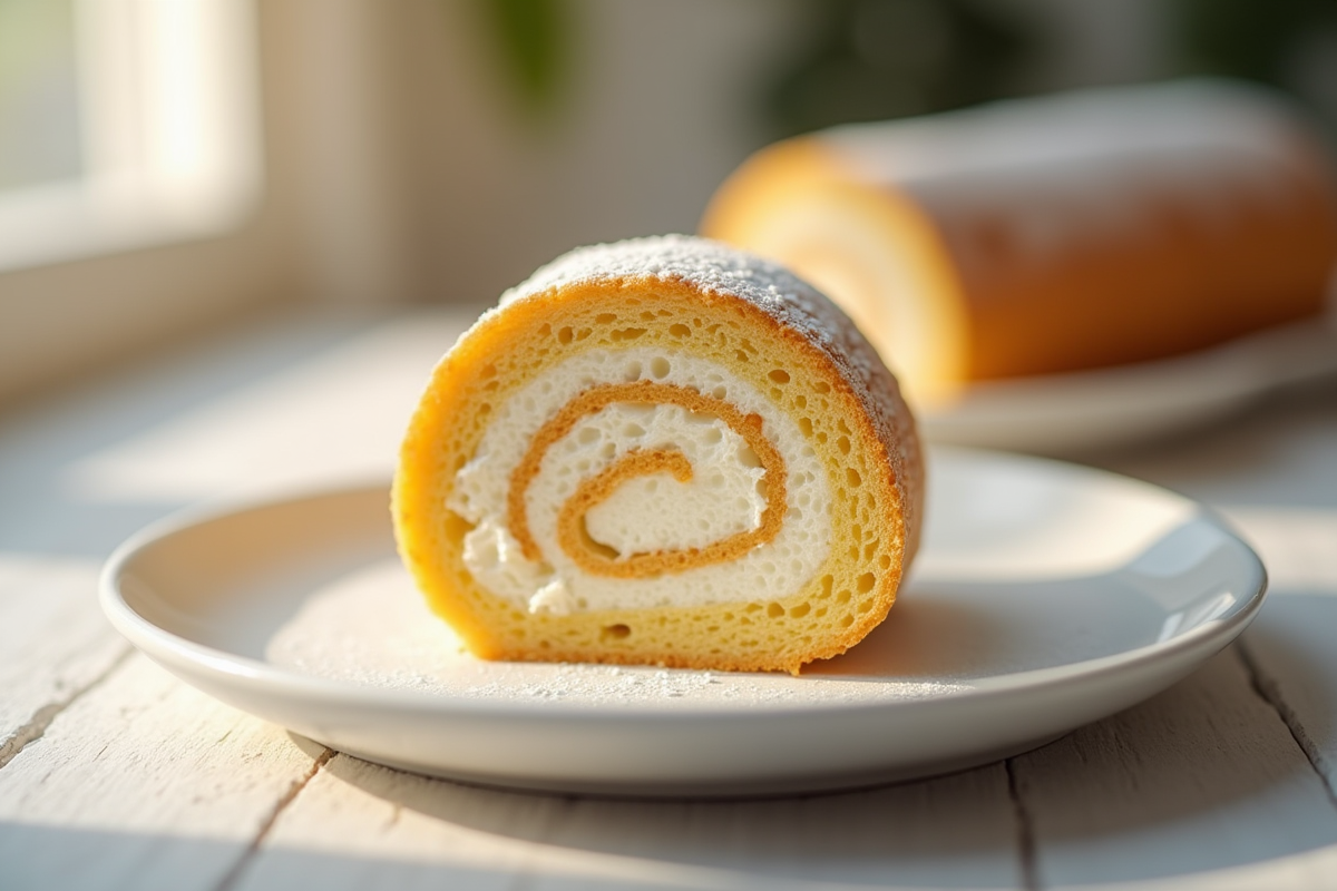 Gâteau roulé suisse tranché sur assiette blanche