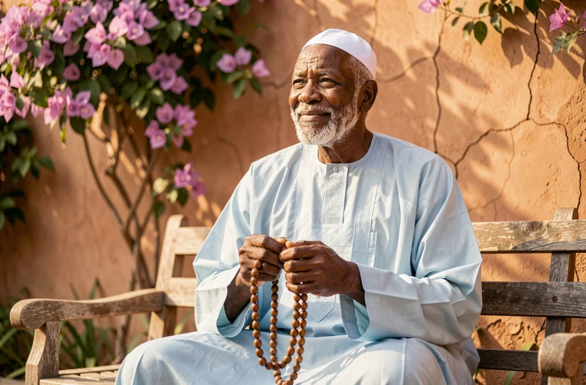 Grand-père africain récitant des invocations islamiques avec un chapelet tasbih dans une cour ensoleillée