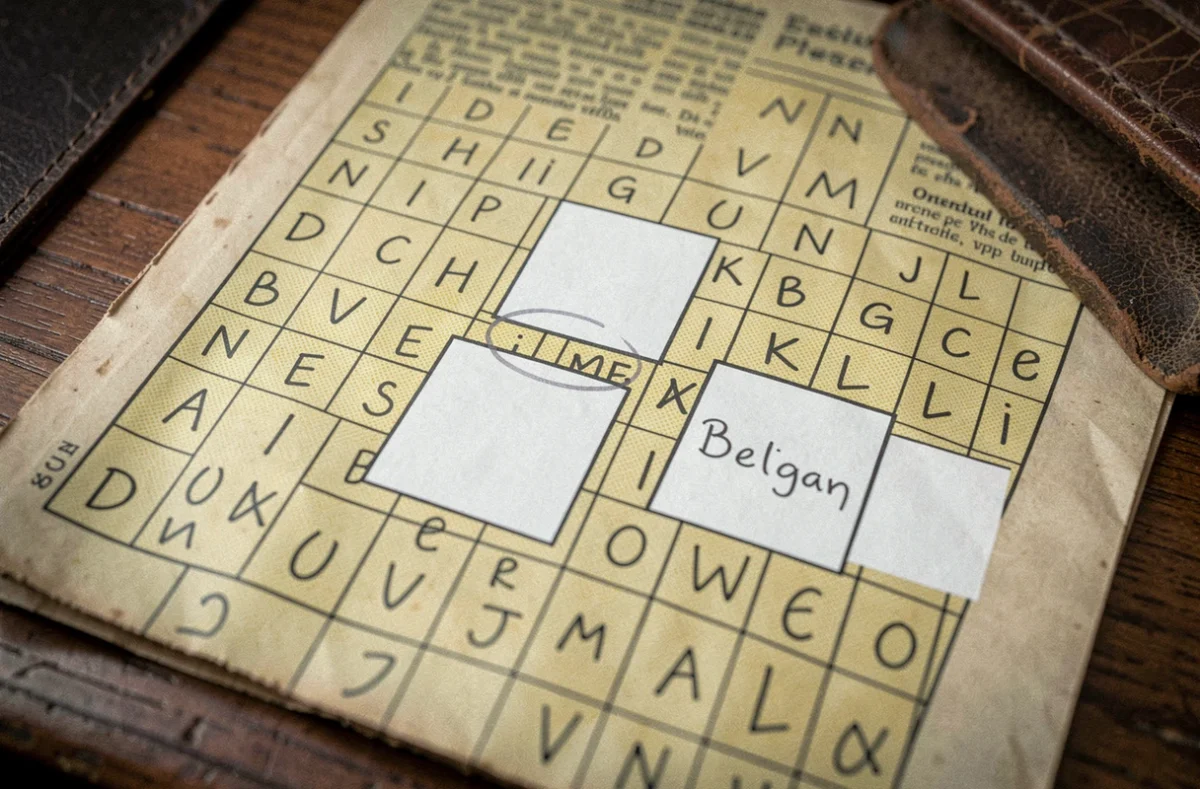 Gros plan sur une grille de mots croisés belge avec quatre cases vides entourées au crayon sur journal jauni