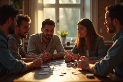 Groupe d'amis jouant aux cartes dans un salon chaleureux