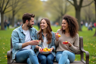 Groupe d'amis souriants partageant des fruits dans un parc