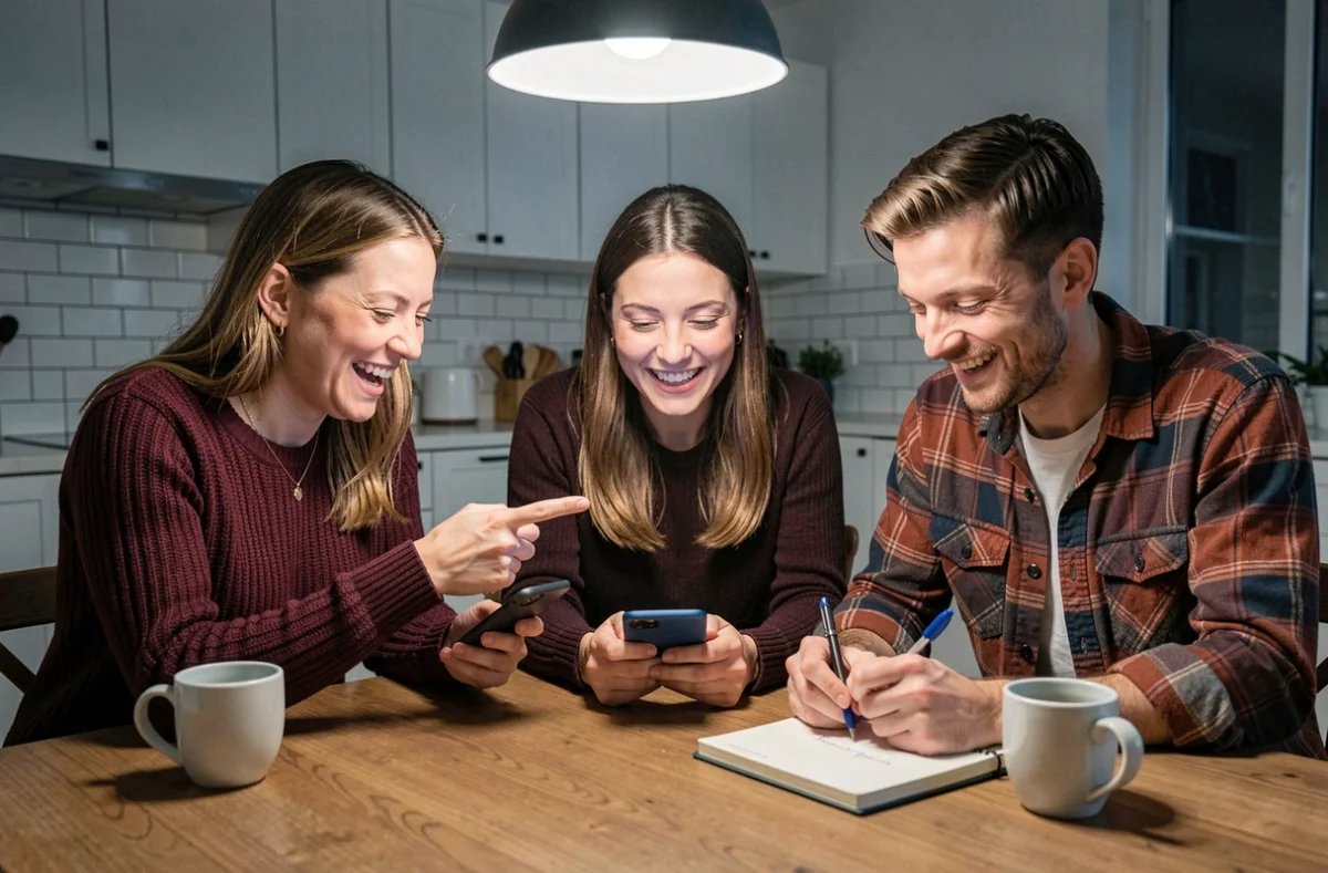 Groupe de trois amis autour d'une table partageant des indices sur leurs smartphones pour résoudre ensemble un jeu d'évasion coopératif