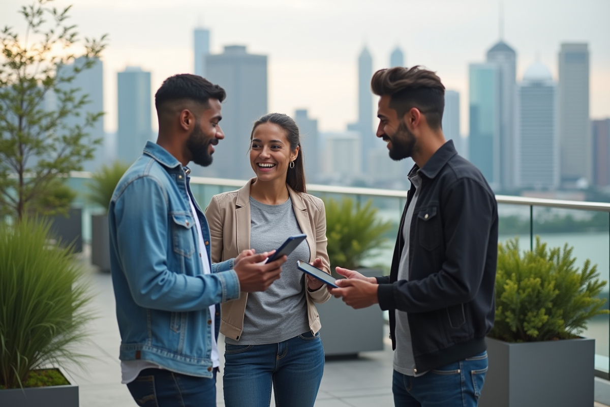 Groupe de jeunes adultes discutant avec tablettes en ville