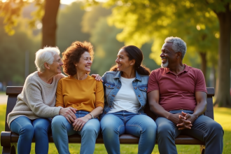 Groupe divers d'amis riant sur un banc en plein air
