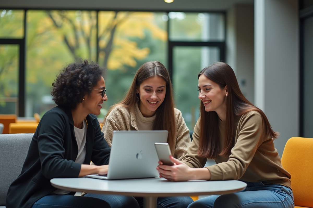 Groupe d etudiants divers collaborant autour d une table universitaire