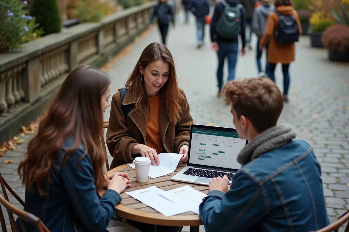 Groupe d'étudiants révisant un planning de semaine paire autour d'un ordinateur et de fiches de cours en terrasse de campus