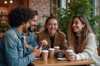 Groupe de millennials souriants dans un café urbain