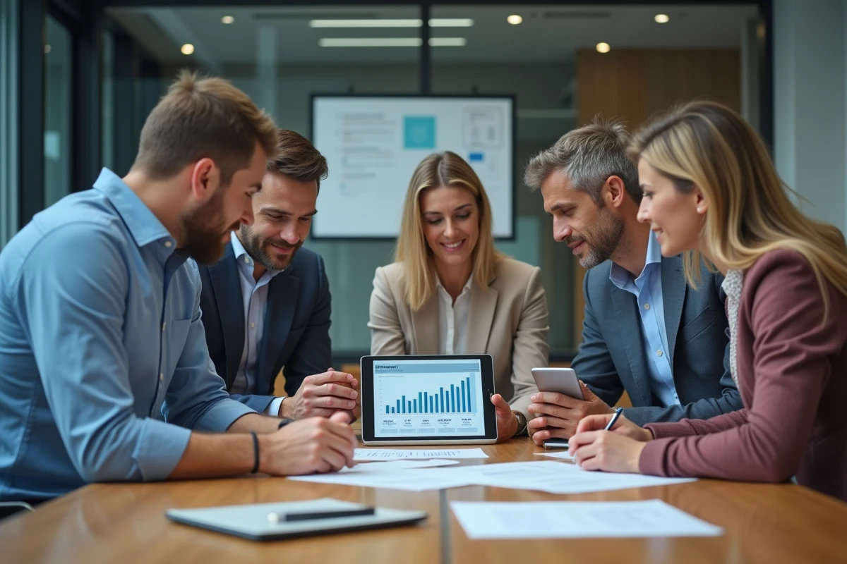 Groupe de collègues discutant de documents de cybersécurité en réunion