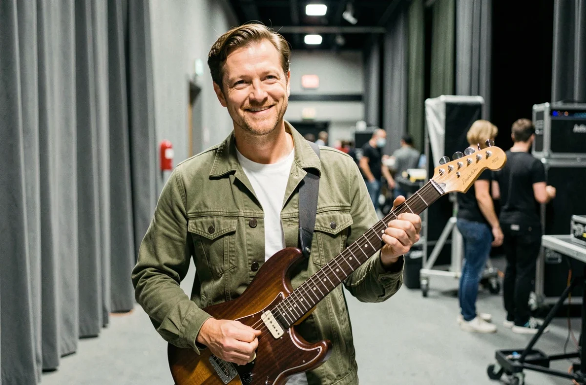 Guitariste debout en coulisses d'un plateau de télévision tenant une guitare électrique avec un sourire naturel et détendu