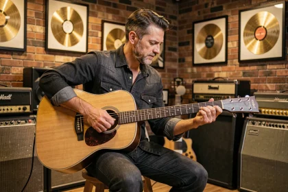 Guitariste assis sur un tabouret dans un studio d'enregistrement vintage jouant de la guitare acoustique, entouré d'amplis et de disques d'or encadrés