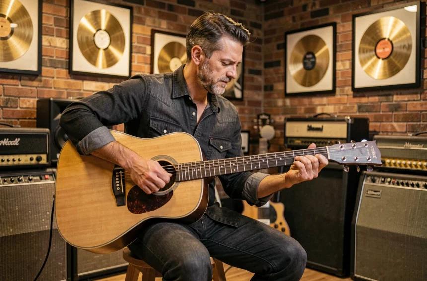 Guitariste assis sur un tabouret dans un studio d'enregistrement vintage jouant de la guitare acoustique, entouré d'amplis et de disques d'or encadrés