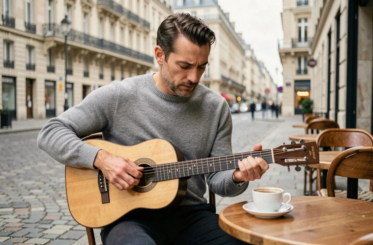 Guitariste jouant de la guitare de voyage en terrasse d'un café parisien avec des façades haussmanniennes en arrière-plan flou