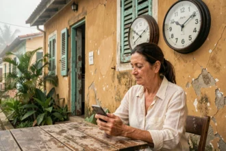 Femme française comparant l'heure entre Paris et Cayenne en Guyane française grâce à deux horloges murales coloniales