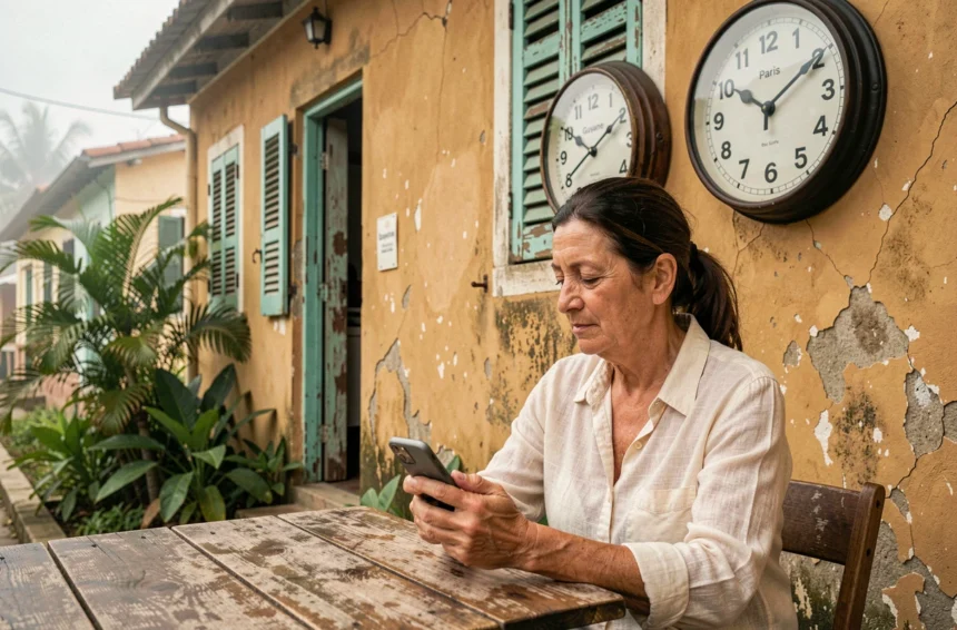 Femme française comparant l'heure entre Paris et Cayenne en Guyane française grâce à deux horloges murales coloniales