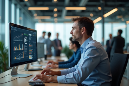 Homme d'affaires au bureau avec écran de données et interface AI