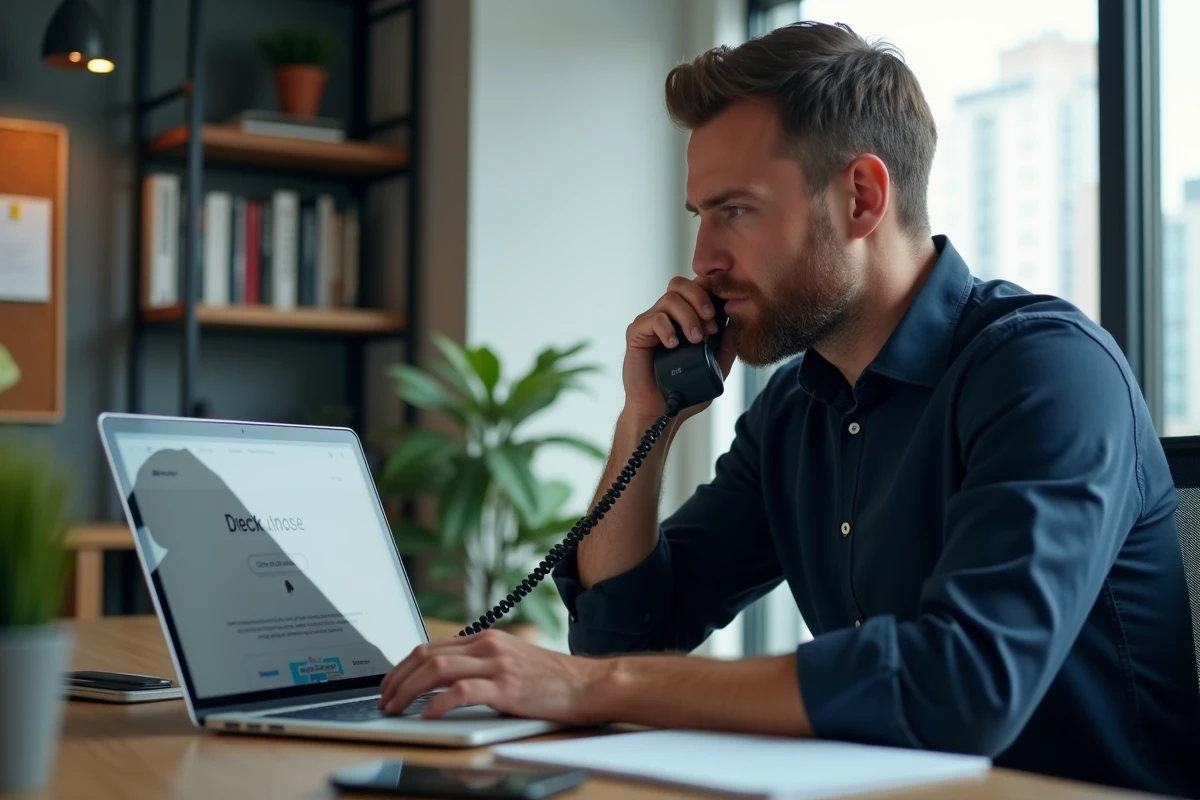 Homme au bureau recherchant un annuaire inversé sur ordinateur tout en tenant un téléphone fixe pour identifier un numéro 06 suspect