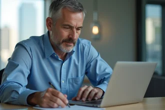Homme d'âge moyen concentré devant son ordinateur dans un bureau moderne
