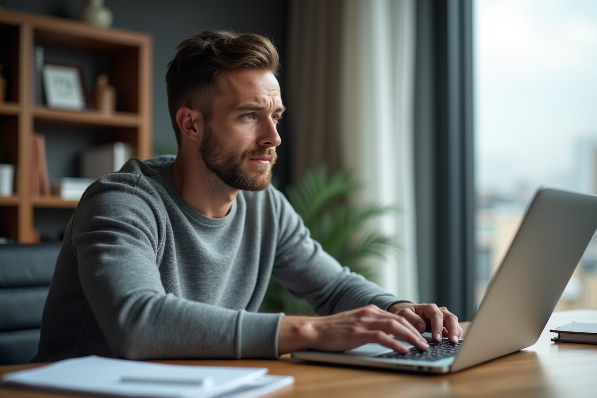 Homme d'une trentaine d'années au bureau regardant son ordinateur