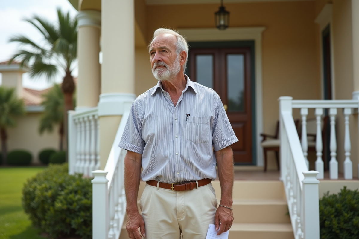 Homme français tenant des clés devant une maison en Floride