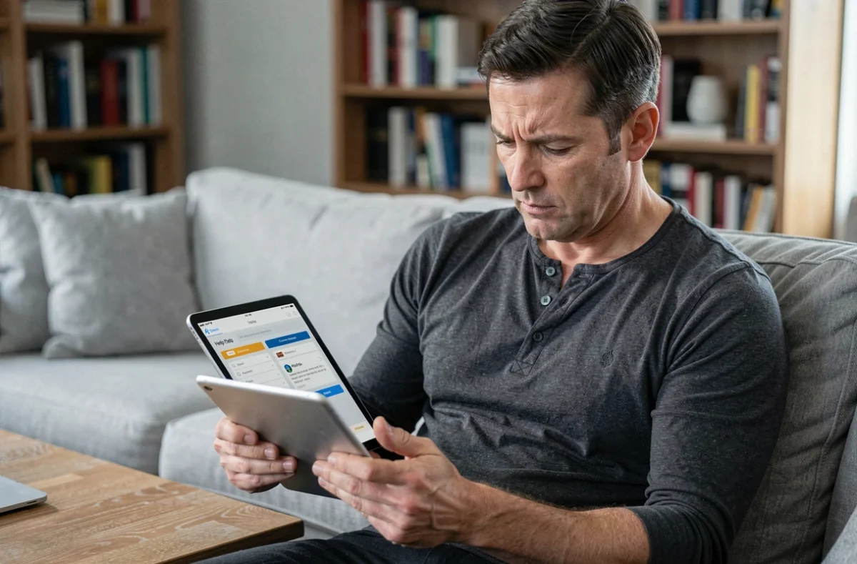 Homme consultant le centre d'aide d'un site de petites annonces sur une tablette dans son salon