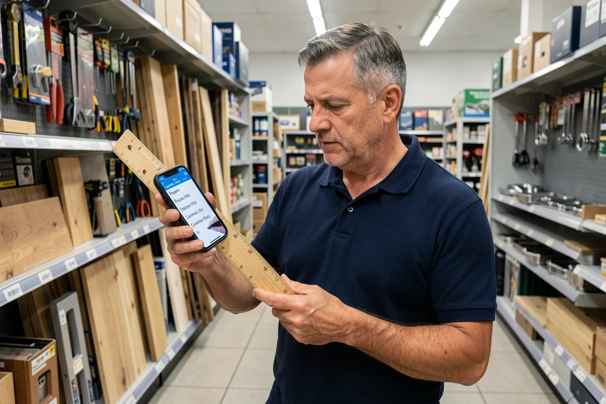 Homme consultant un convertisseur pouces en centimètres sur smartphone dans un magasin de bricolage