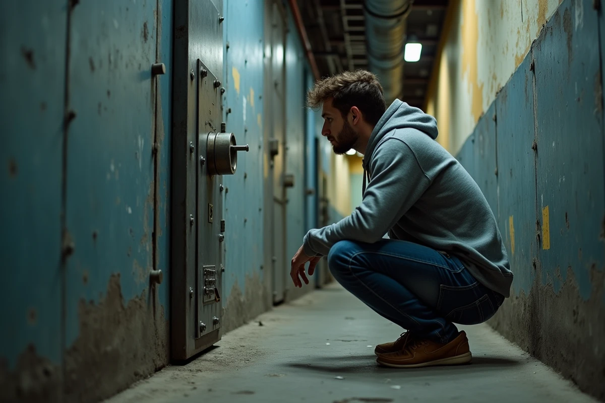 Homme en train d'examiner un cadenas codé sur une porte métallique dans un couloir d'escape room