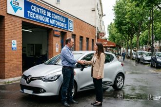 Homme et femme se serrant la main devant une voiture de contrôle technique
