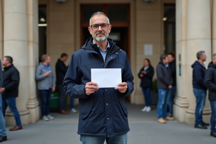 Homme maghrebin devant un bâtiment administratif français